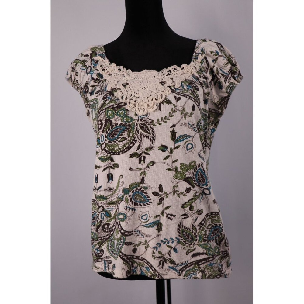 JKLA California Women's Floral Print Lace Trim Top Medium White & Green - Picture 2 of 8
